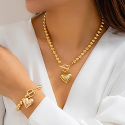 2Pcs Creative Punk Big Love Heart OT Buckle Pendant Choker Necklace Women Vintage CCB Beads Chain Bracelets Grunge Jewelry Set