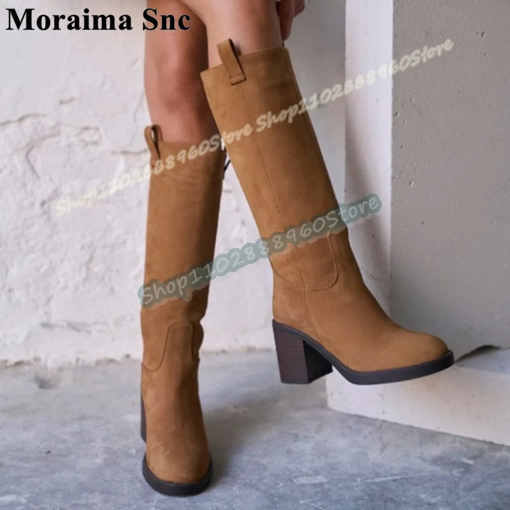 

Casual Knee High Brown Flock Boots Block Heel Shoes For Women Slip On Round Toe Fashion Party Occidental Zapatos Para Mujer