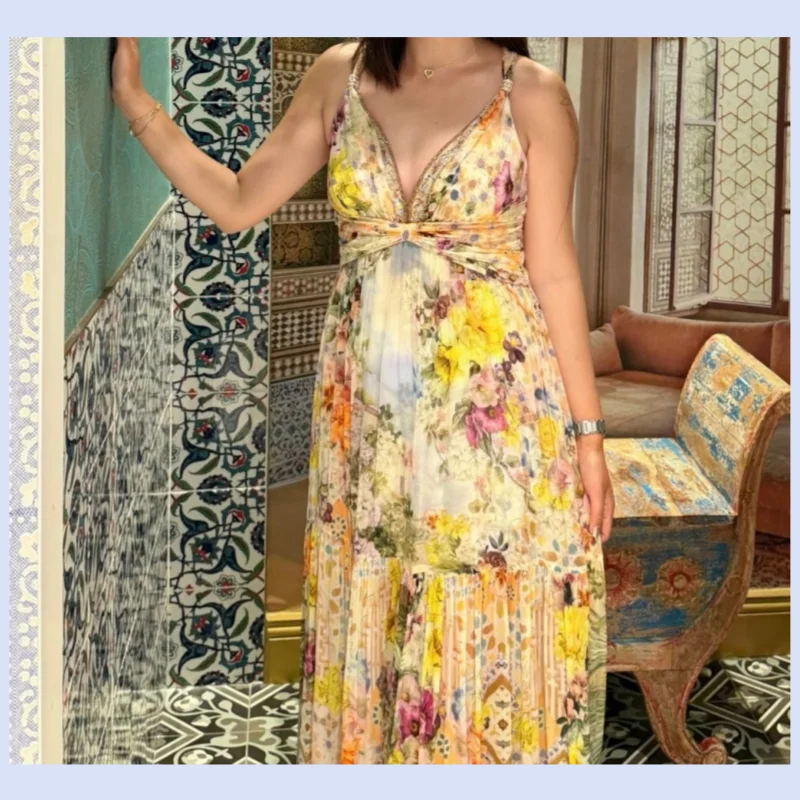 

26 year spring and summer Australian niche new silk vacation multi-color printed elegant suspender dress
