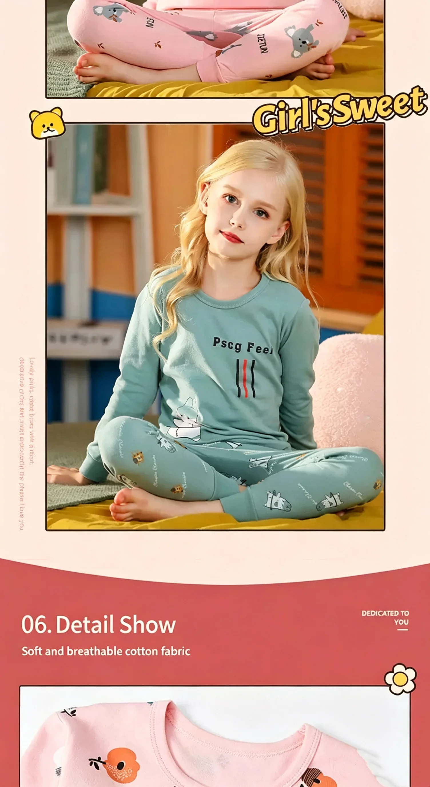 Kinderunterwäsche aus reiner Baumwolle, lange Unterhosen für Mädchen, Thermo-Unterwäsche, Baumwoll-Pyjamas für ältere Kinder, Frühlings- und Herbst-Homewear. – Detail 4