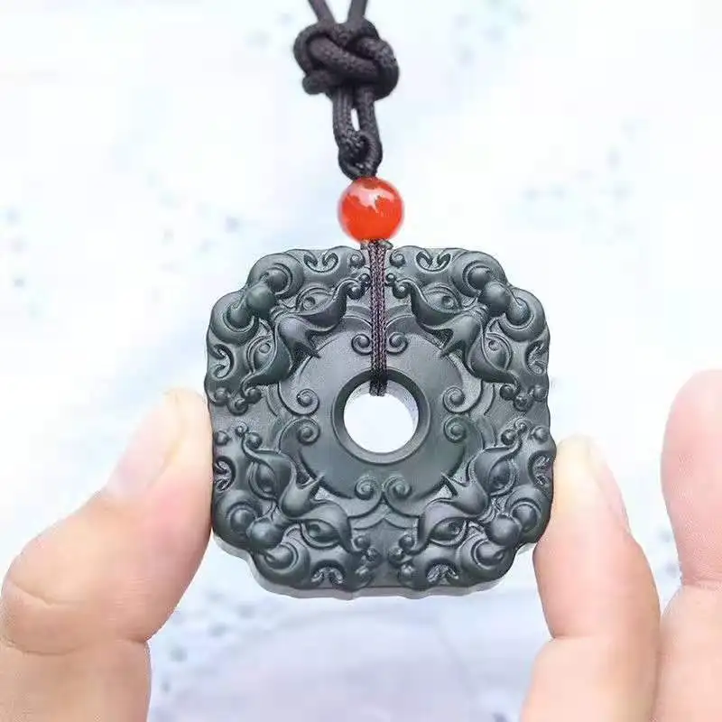 Natural Ink Jade Tower Blue Pendant Double-sided Carved Men's and Women's Jewelry