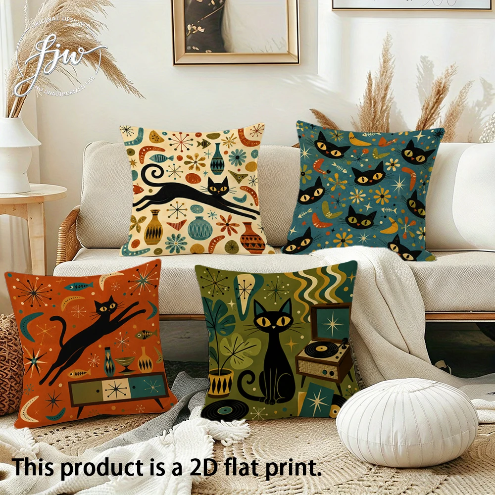 4pcs Retro Mid Century Modern Black Cat Throw Pillow Covers Boho Atomic Age Cushion Cases for Sofa Bedroom Living Room