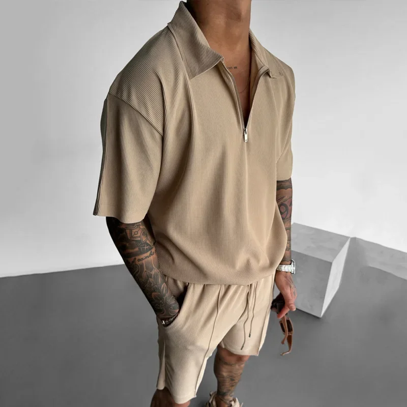 2024 European and American Men's Premium Suit, New Summer Style Zipper Polo Short-sleeved Drawstring Shorts Casual Suit M-3XL