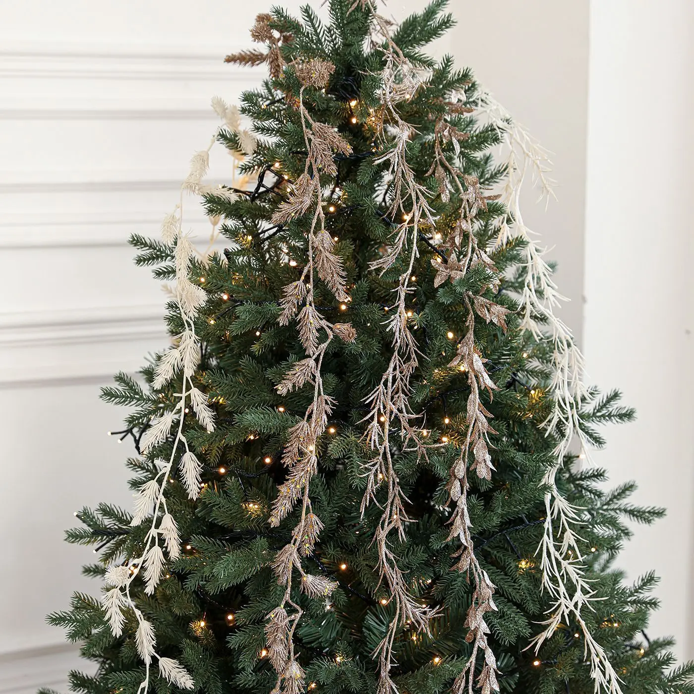 

180cm Christmas Simulation Rattan Leaves Branches Champagne White Sticky Powder Gold Dust Christmas Tree Atmosphere Decoration
