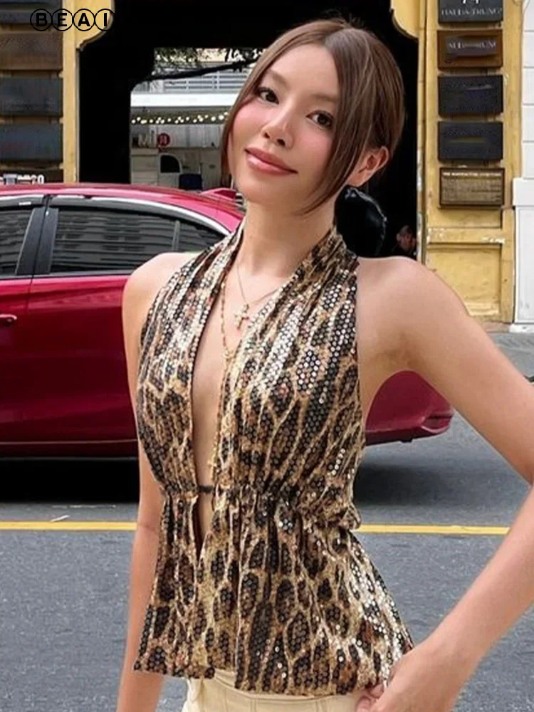 

Sexy Leopard Print Halter Vest Women Elegant Deep V Lace Up Backless Sleeveless Slim Fit Top 2025 Summer Lady Chic Street Tops