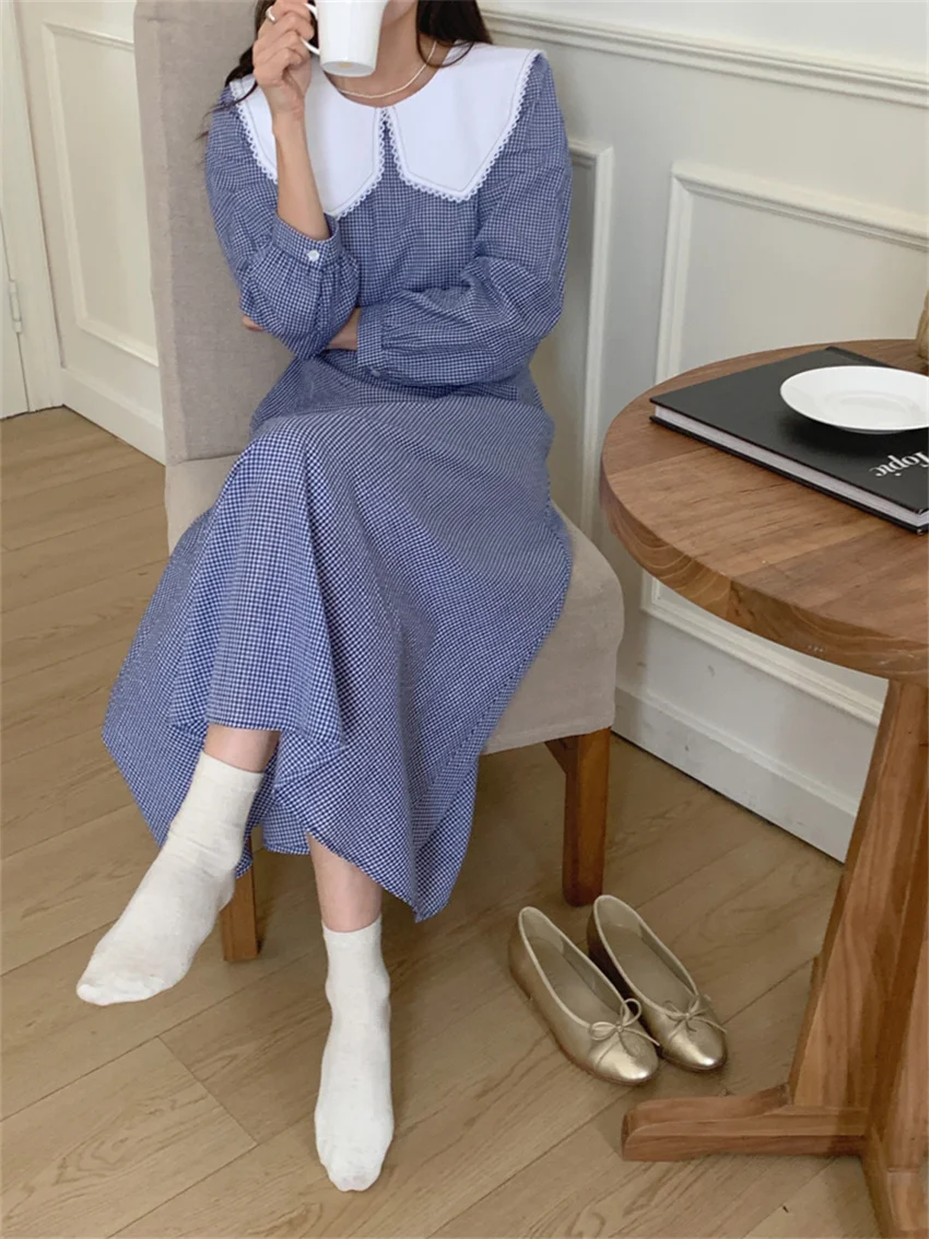 Arazooyi Autumn Maxi Dress Women Peter Pan Collar Chic Daily 2023 Autumn Mujer Camping Sweet Plaid Slim Elegant Office Lady