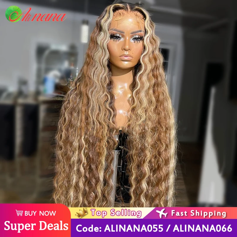 

13x6 Lace Frontal Wigs Highlight Brown Blonde Color Deep Wave Pre-Plucked Lace T Part Human Hair Wigs For Women Clearance Sale