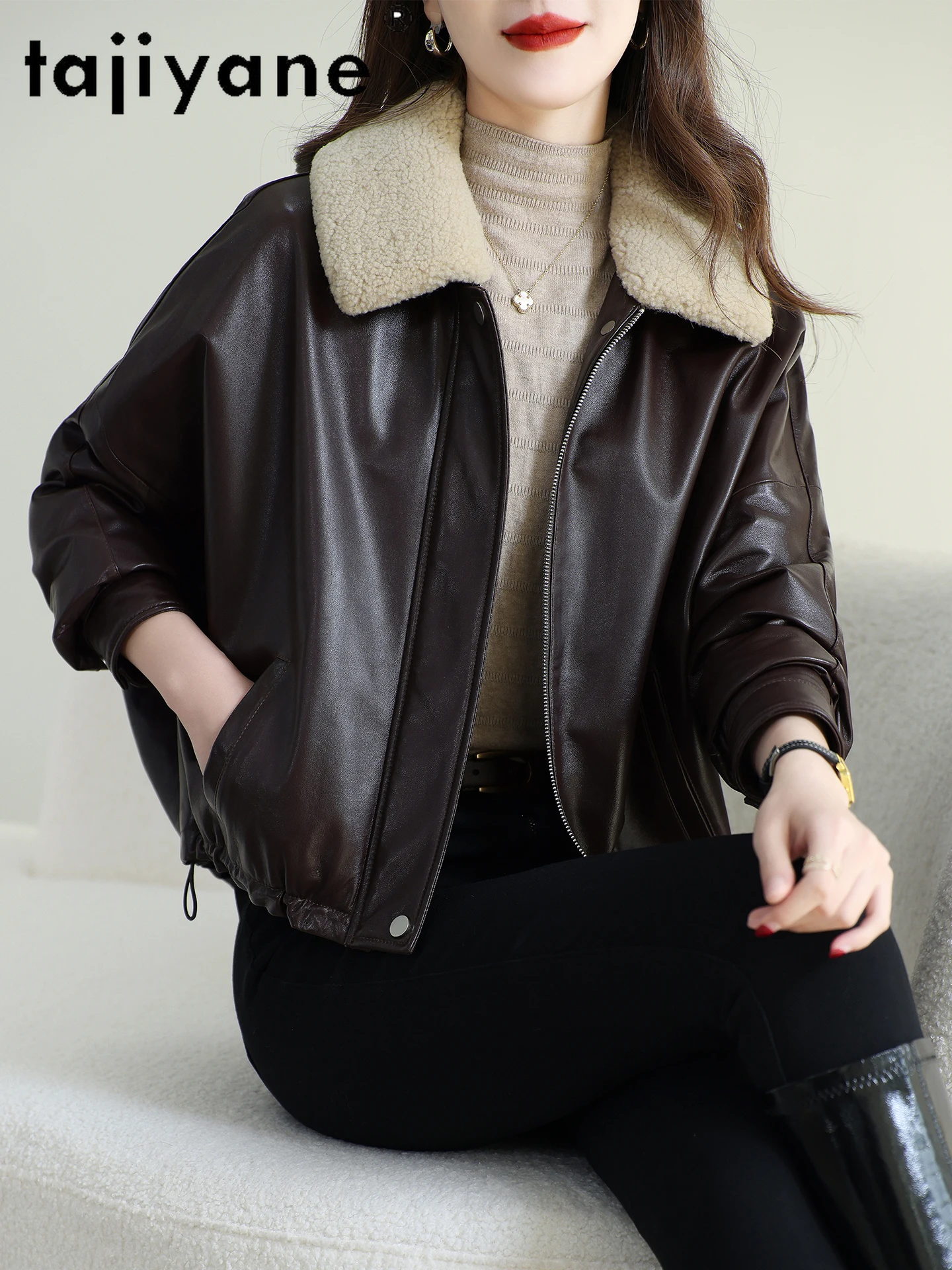 TAJIYANE Real Sheepskin Goose Down Coat Woman Wool Collar Genuine Leather Jacket Short Winter Coats 2025 Women Clothes дубленка