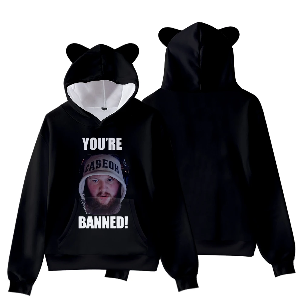 Caseoh You're Banned Cat Ear Hoodie Women Men Hooded Sweatshirt Casual Long Sleeve Pullover Clothes