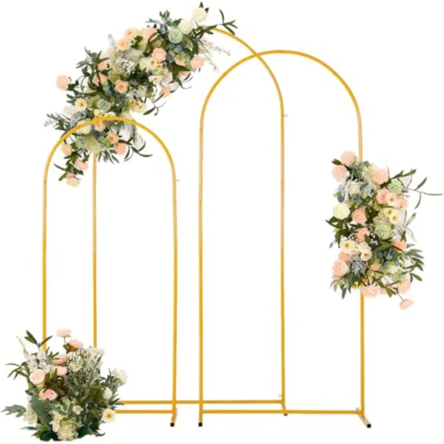 

Metal wedding arch backdrop stand set of 3 for wedding, baby shower, birthday party, bridal shower, graduation decor; gold fini
