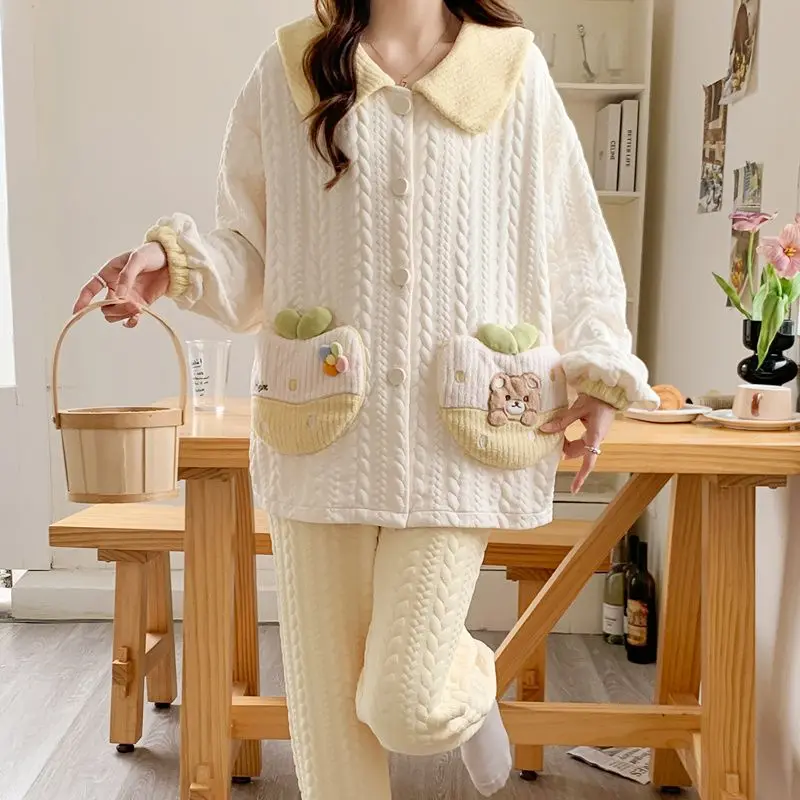 

Spring autumn winter cotton Women's pajamas long sleeves cute little bear Comfortable Sleepwear cartoon thicken homewear suit