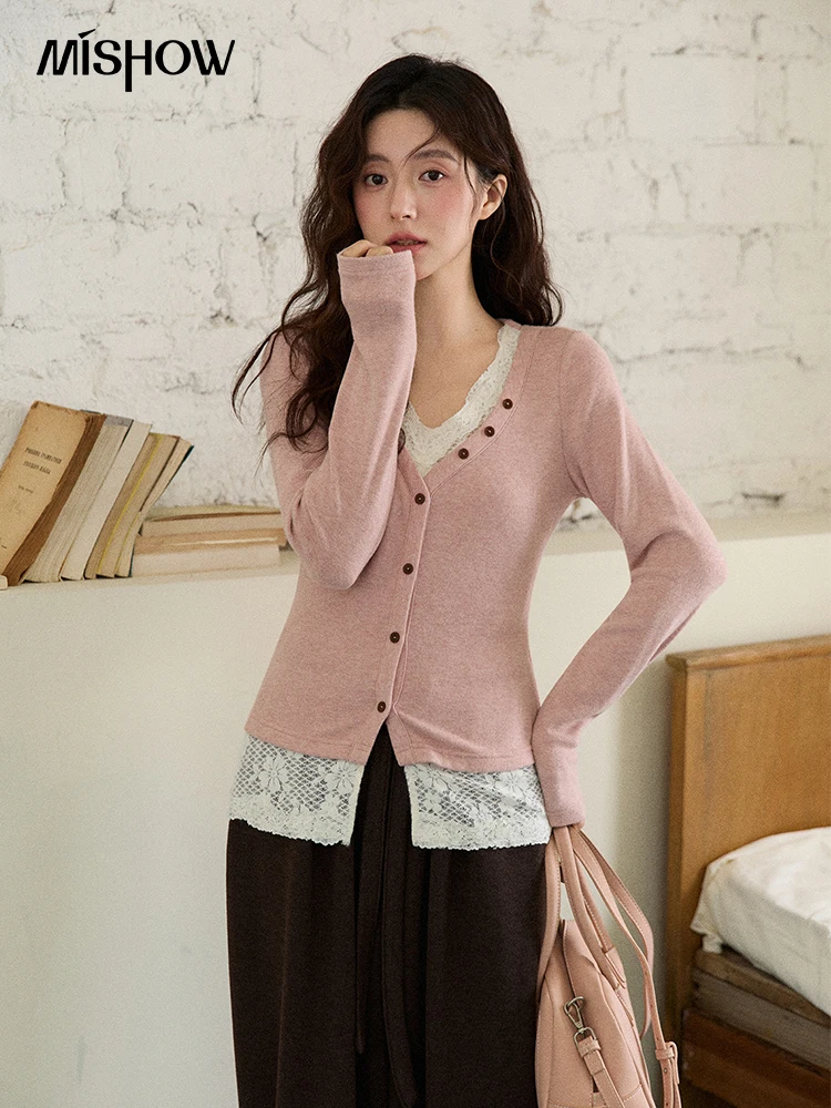 

MISHOW Женские топы с длинными рукавами, осень-зима 2024, милый нежный топ с v-образным вырезом и кружевной отделкой, тонкий вязаный топ MXE86Z2673