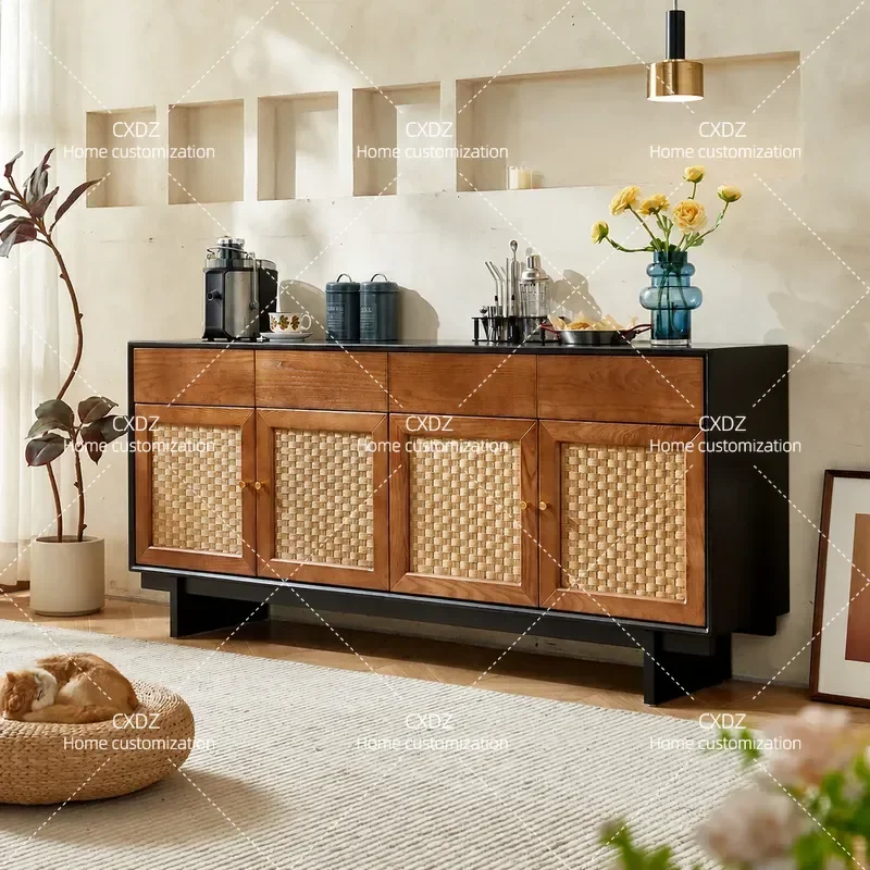 Nordic Solid Wood Dining Side Cabinet Simple Modern Living Room Tea Cabinet Locker Japanese Rattan Entrance Cabinet TV