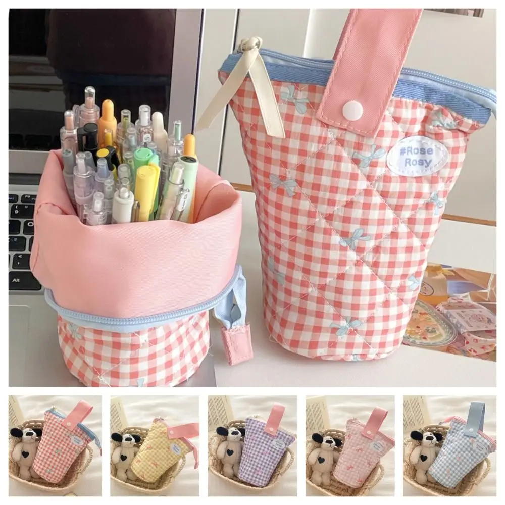 Folding Bow Pencil Case Large Capacity Portable Stationery Storage Pouch Multi-Functional Marker Pouch Plaid Pencil Bag