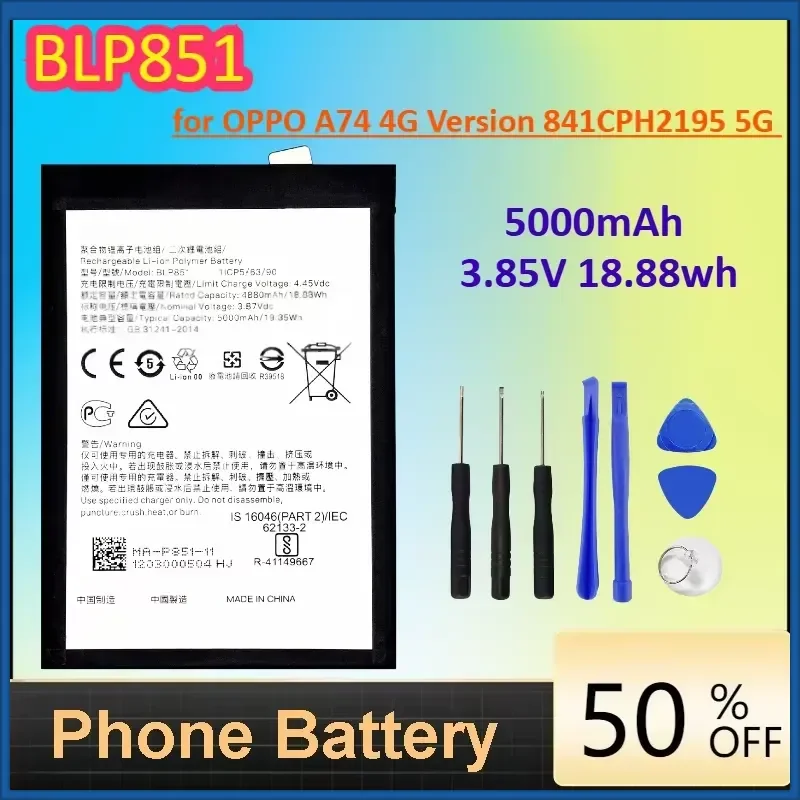 BLP851 5000mAh 3.85V 18.88wh for OPPO A74 4G Version 841CPH2195 5G Replacement Phone Battery+Free Tools