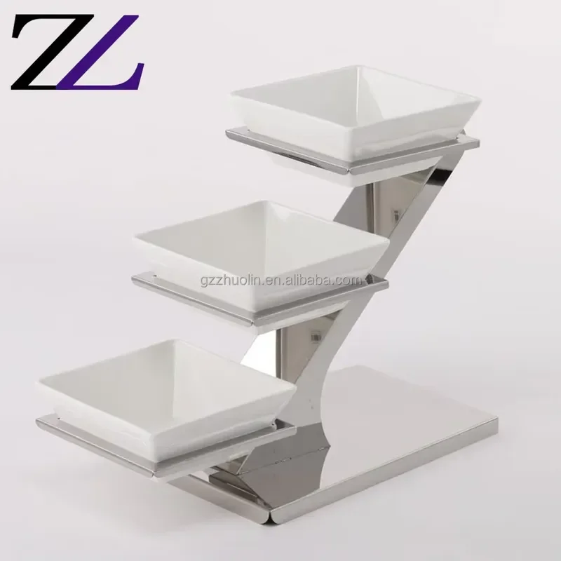 3 Tier Square Stainless Steel Salad Bowl Set White Buffet Display for Fruit Vegetables Durable Luxury Catering Tableware
