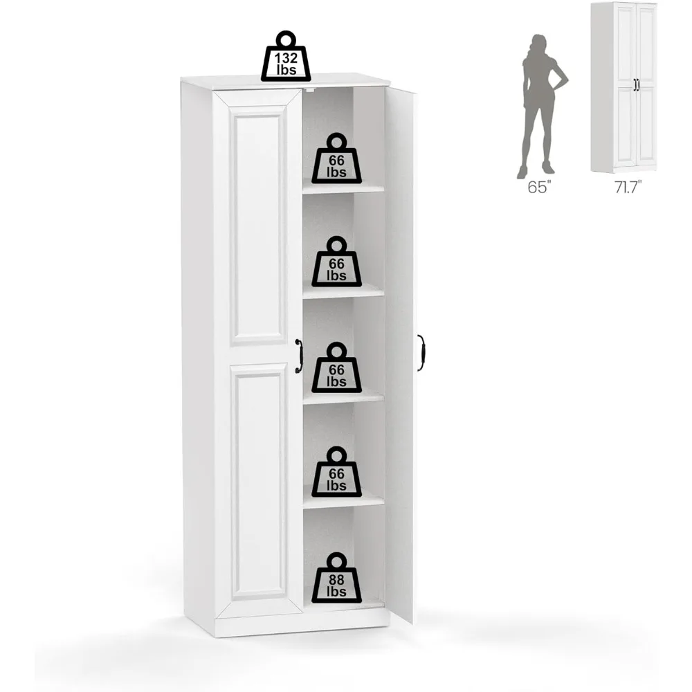 Mueble de almacenamiento/muebles de despensa, acabado blanco suave, armario de madera de 71" de alto con 2 puertas y 3 estantes ajustables para cocina