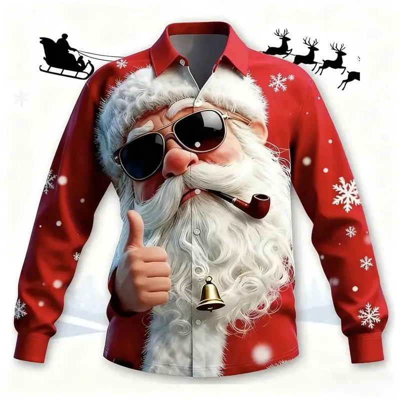 Neutral Christmas long sleeved button up shirt | Fun and cool Santa Claus print (sunglasses and pipe design) with snowflakes and