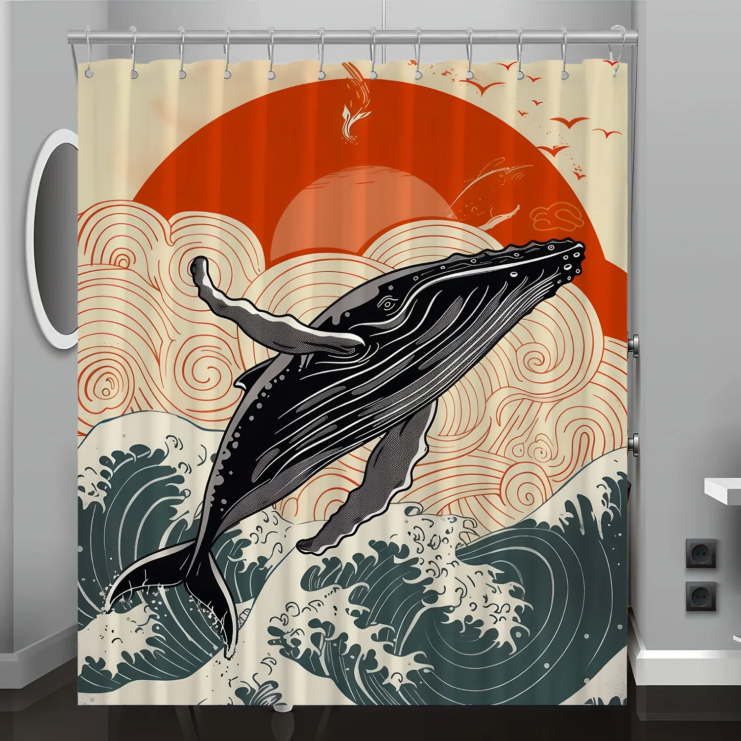 

1 шт., занавеска для душа с японским волнистым узором и цифровым принтом, домашний декор для ванной комнаты с бесплатными крючками, можно стирать в машине, всесезонный полиэстер