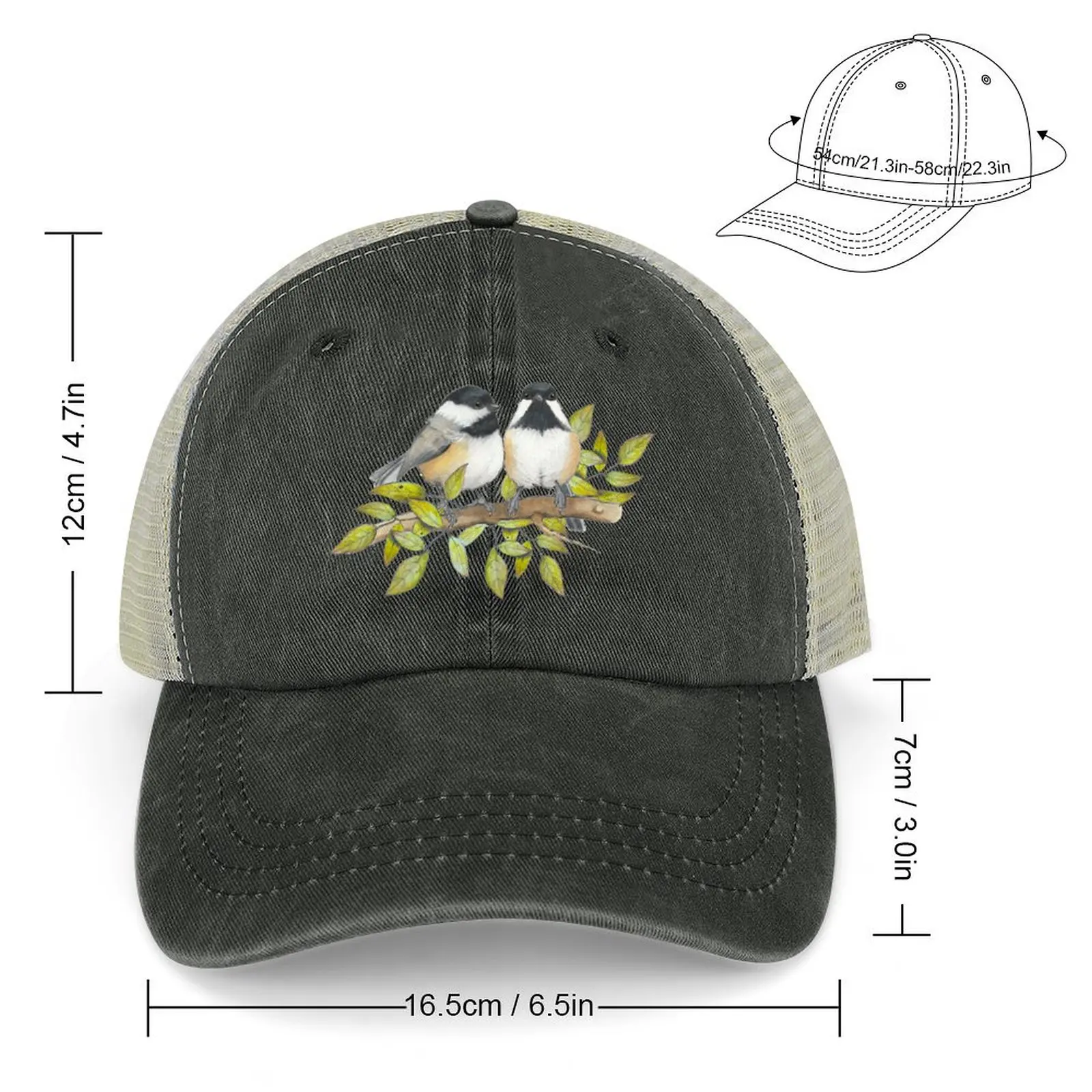 Chickadee Couple Illustration, Birds, Hand Drawn Wildlife Art Cowboy Hat Snap Back Hat Sunhat Women's Men's