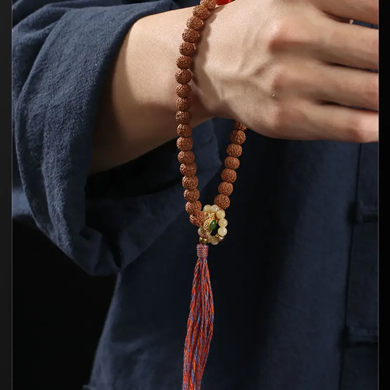 Indonesian small Rudraksha bracelet with tassels, women's Buddhist beads, car hanging ornament, collectible item for perso