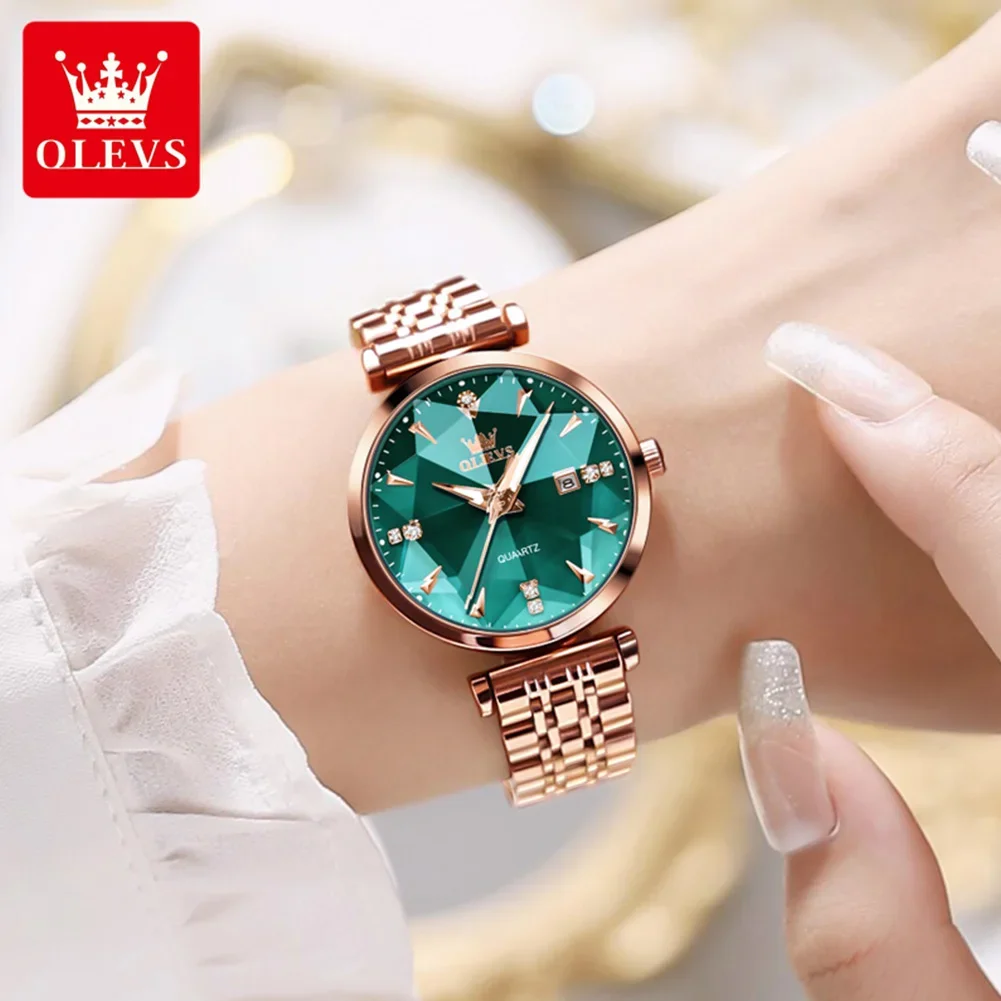 Imagem -02 - Olevs 5536 Quartzo Luxo Diamante-shapedver para Mulher Pulseira de à Prova Impermeável Água Moda Feminina Relógios de Pulso Calendário Aço Inoxidável