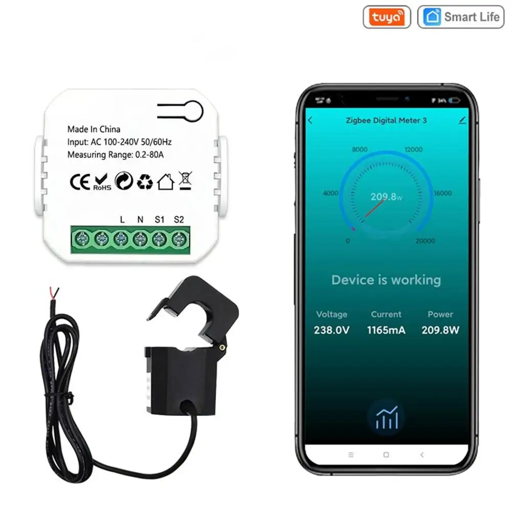 Medidor de Energia Zigbee Tuya Smart Life, WiFi, Transformador de Corrente 80A, Monitor KWh, Consumo de Eletricidade, 110 V, 230V, 50Hz, 60Hz