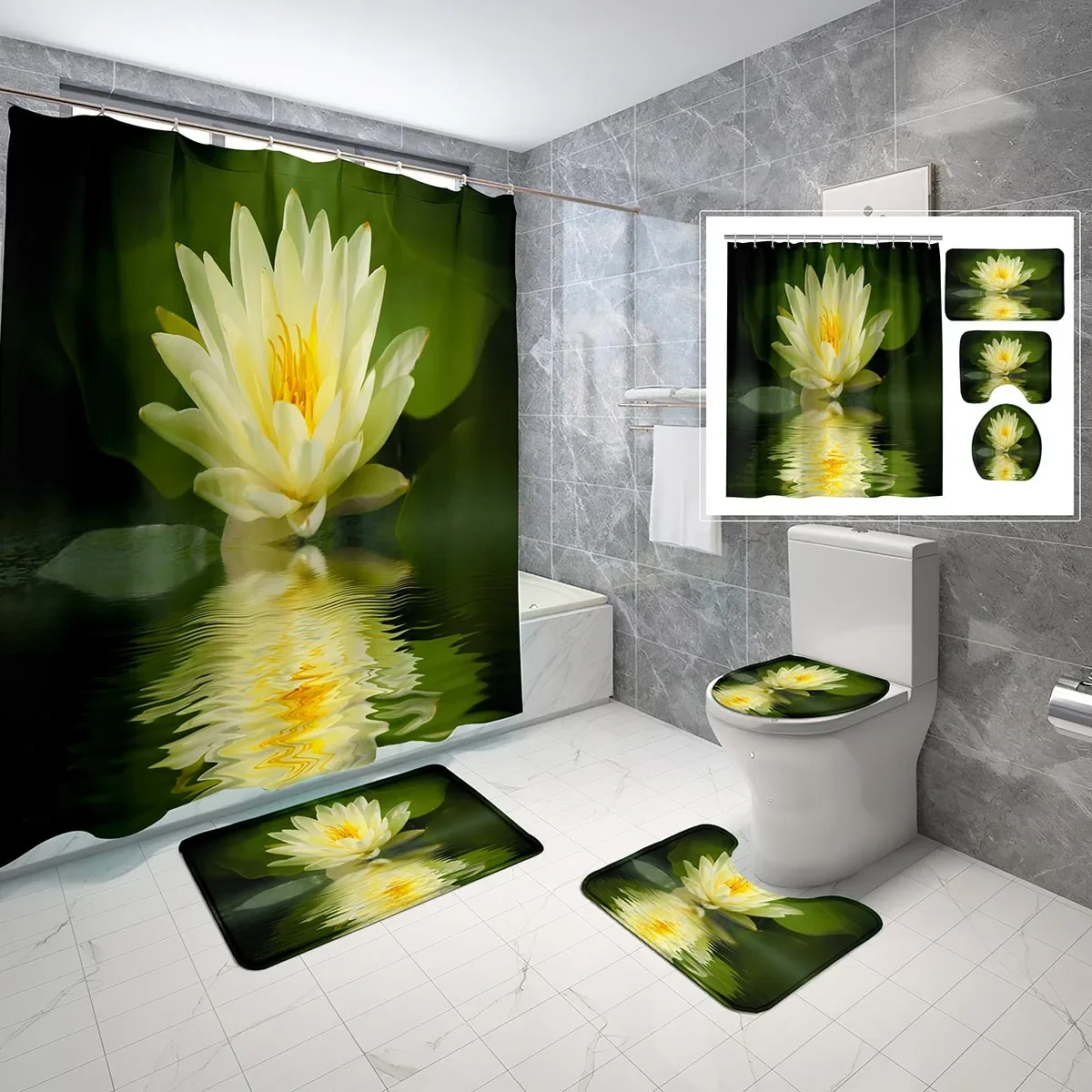 Lotus Shower Curtain Sets 4 Pcs with Non-Slip Rugs Mat Toilet Lid Modern Simple Elegant Flowers Waterproof Shower Curtain Set