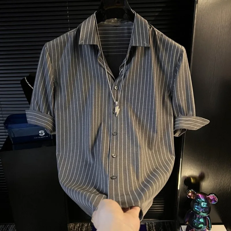 

Men's Summer New Lightweight Striped Shirt Trendy Slim Fit Casual Short Sleeve Top