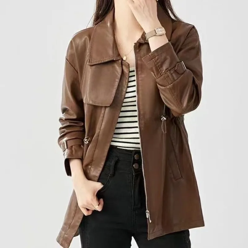 Black Faux Leather Trench Coat For Women New Lapel Mid Length Jacket, Belt Design Long Sleeve Windproof Outerwear Autumn Fashion
