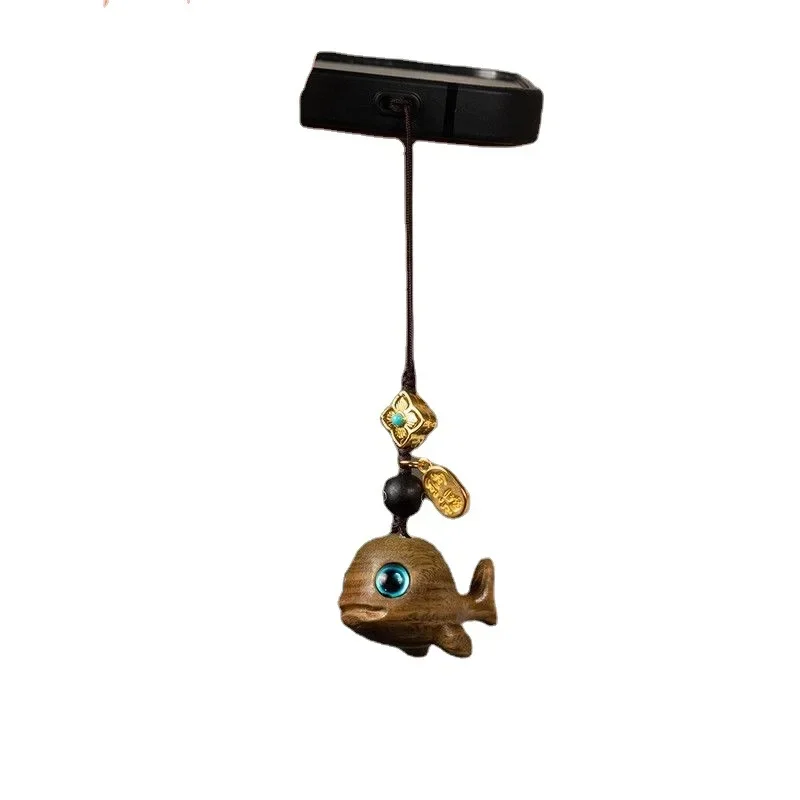 High-Grade Wooden Cute Fish Car Key Ring Pendant Ebony Hand-Knitted Rope Mobile Phone Charm U Disk Pendant Bag Hanging