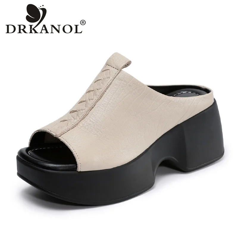 DRKANOL Fashion Women Chunky Platform Slippers Summer Open Toe Genuine Cow Leather High Heel Height Increasing Sandals Slides