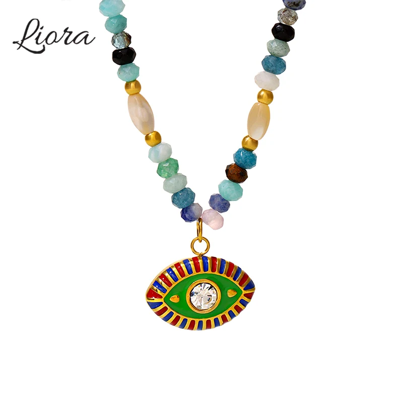 

Liora Enamel Evil Eyes Pendant Necklace For Women Multipcolor Natural Stone Handmade Strand Beads Choker Bohemia Jewelry Gifts