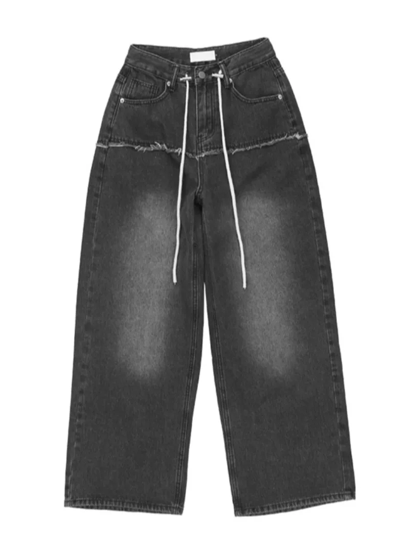 

High Waist Wide Leg Casual Patchwork Dstring Denim Jeans Women's Hong Kong Sle Retro Chic Slimming Design Long Pants