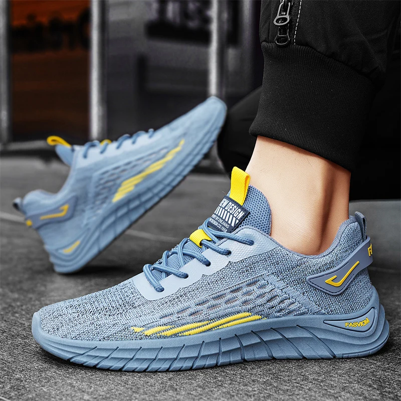 

Summer Blue Men's Running Shoes Fashion Design Low Lace-up Casual Sneakers For Man Outdoor Breathable Knitting Jogging Shoes Men