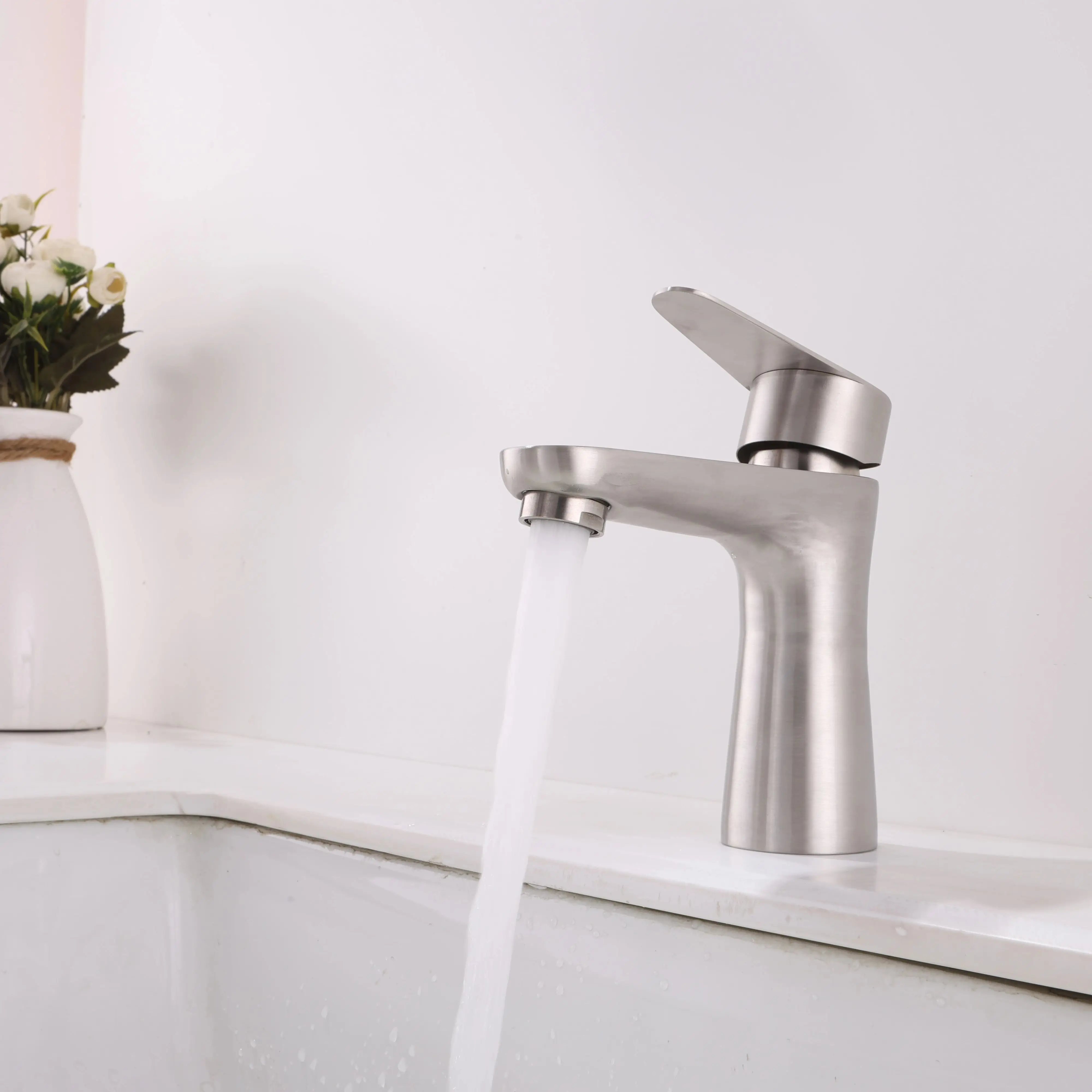SKOWLL 304 Stainless Steel Bathroom Faucet Silver Deck Mount Lavatory Vanity Basin Single Cold Tap and Pop Up Sink Drain Stopper