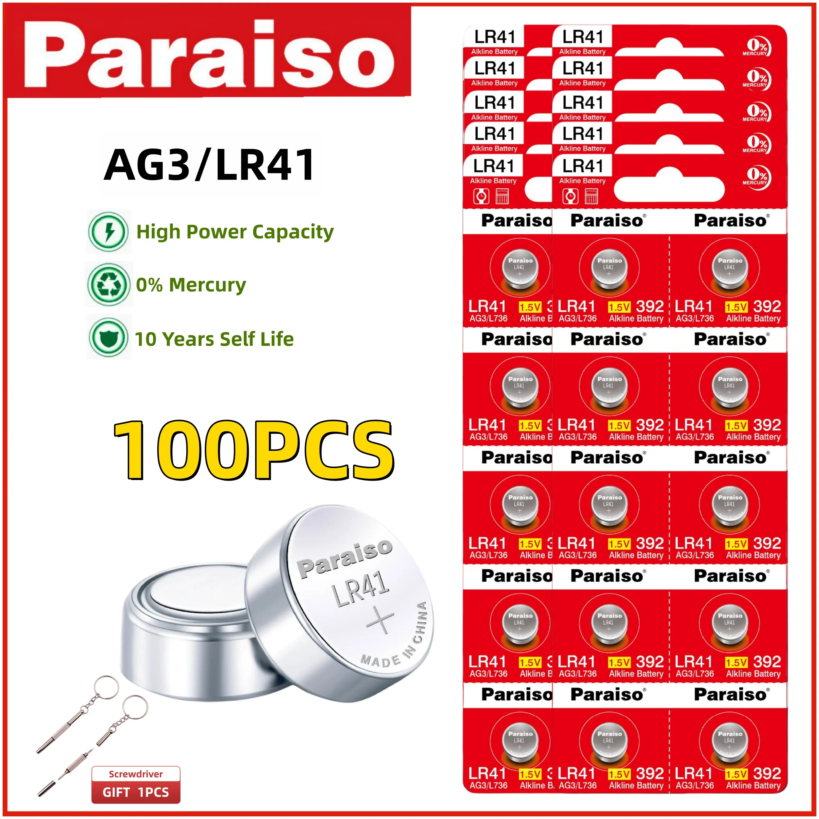 

Paraiso 30-100pcs LR41 Button Batteries AG3 L736 384 392 1.5V Alkaline Battery for Thermometer Wacth ear spoon