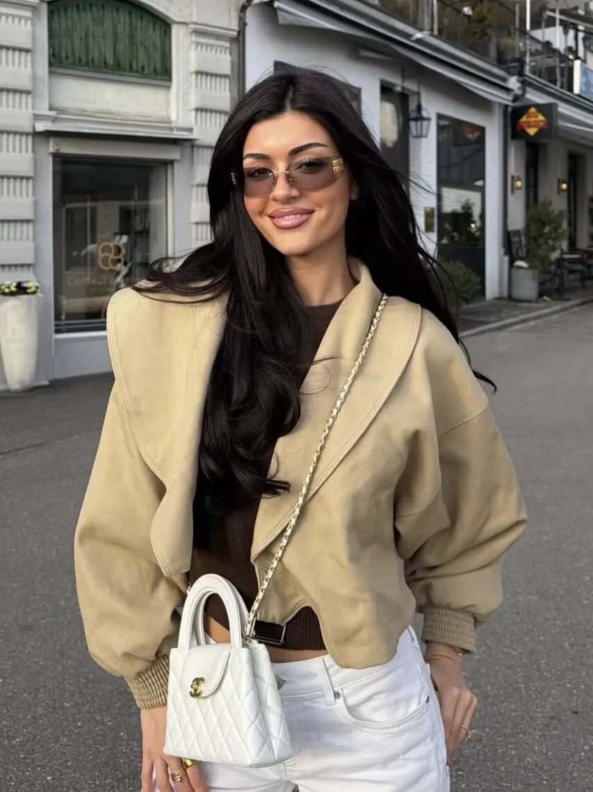 Women's Spring Autumn Western Style Oversized Jacket with Notched Collar Long Sleeve Color Blocking Solid Streetwear Top