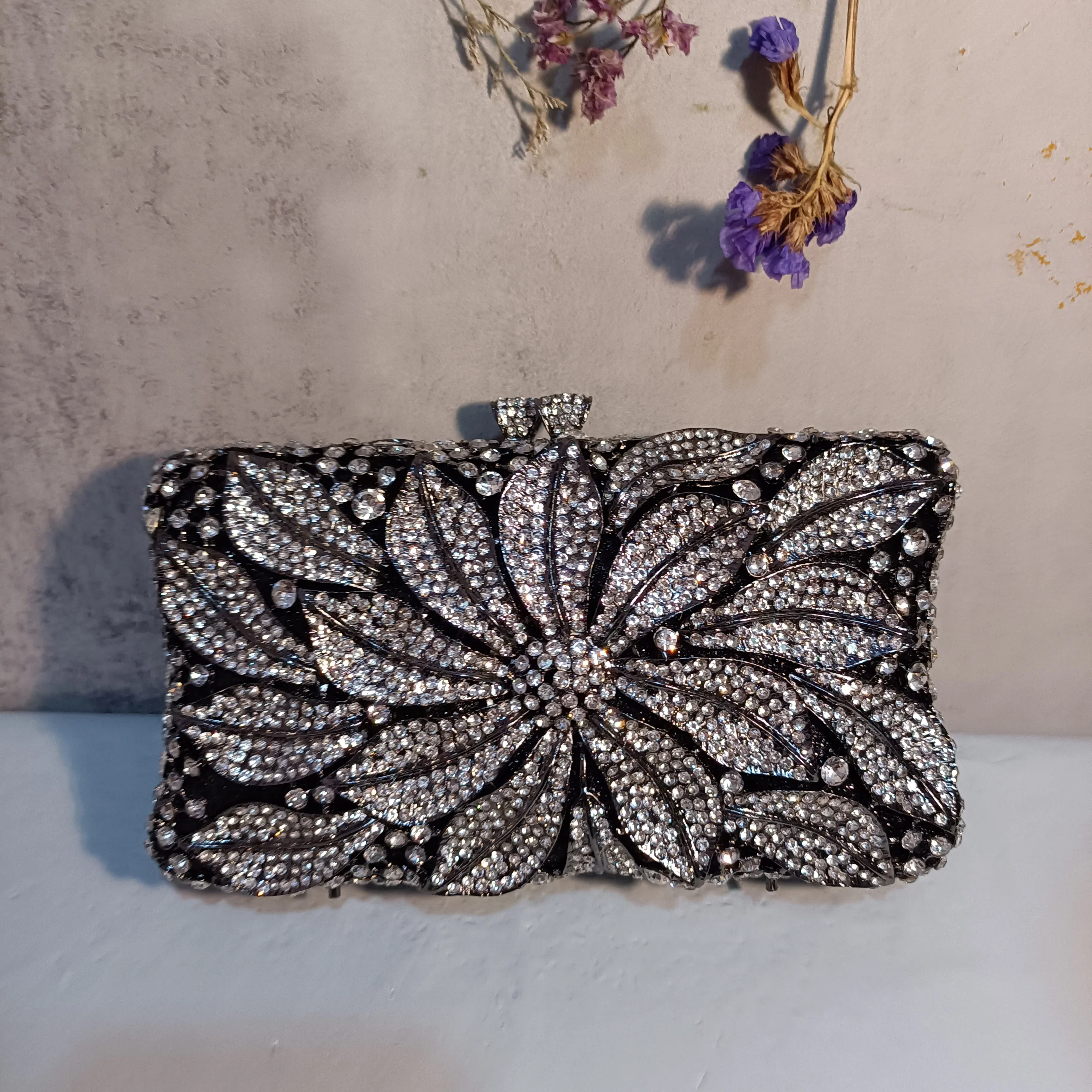 

XIYUAN Woman Flower Banquet Dinner Prom Purse Floral Hollow Crystal Diamond Evening Bag Wedding Bridal Birthday Party Handbag