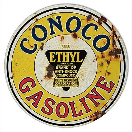 Large Rustic Looking Conoco Gasoline Motor Oil Round Metal Tin Sign Garage Sign Oil Sign 12X12 Inches