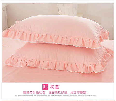Koreanische Prinzessin Bett bezug 4 Stück Set einfarbige Rüschen Spitze Bett bezug und Kissen bezug für Mädchen Frau romantische Tages decke – Detail 7
