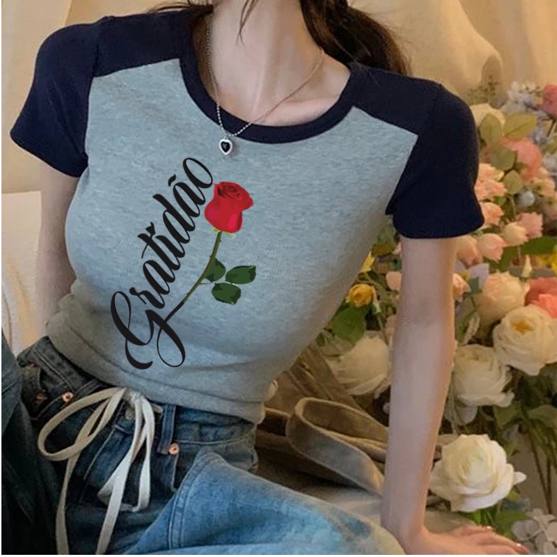 Valentine's Day Roses American Retro Sweet Summer Tee Grunge Crop Top Baby Tee Print White T-Shirt Female Hot Girl Short Sleeves