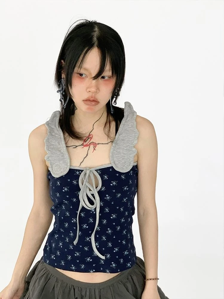 الصيف اليابانية الطباعة تانك القمم المرأة Y2k الجمالية الجناح المرقعة سليم صالح الدبابات الجرونج الجوف خارج ضمادة اقتصاص بروتيل