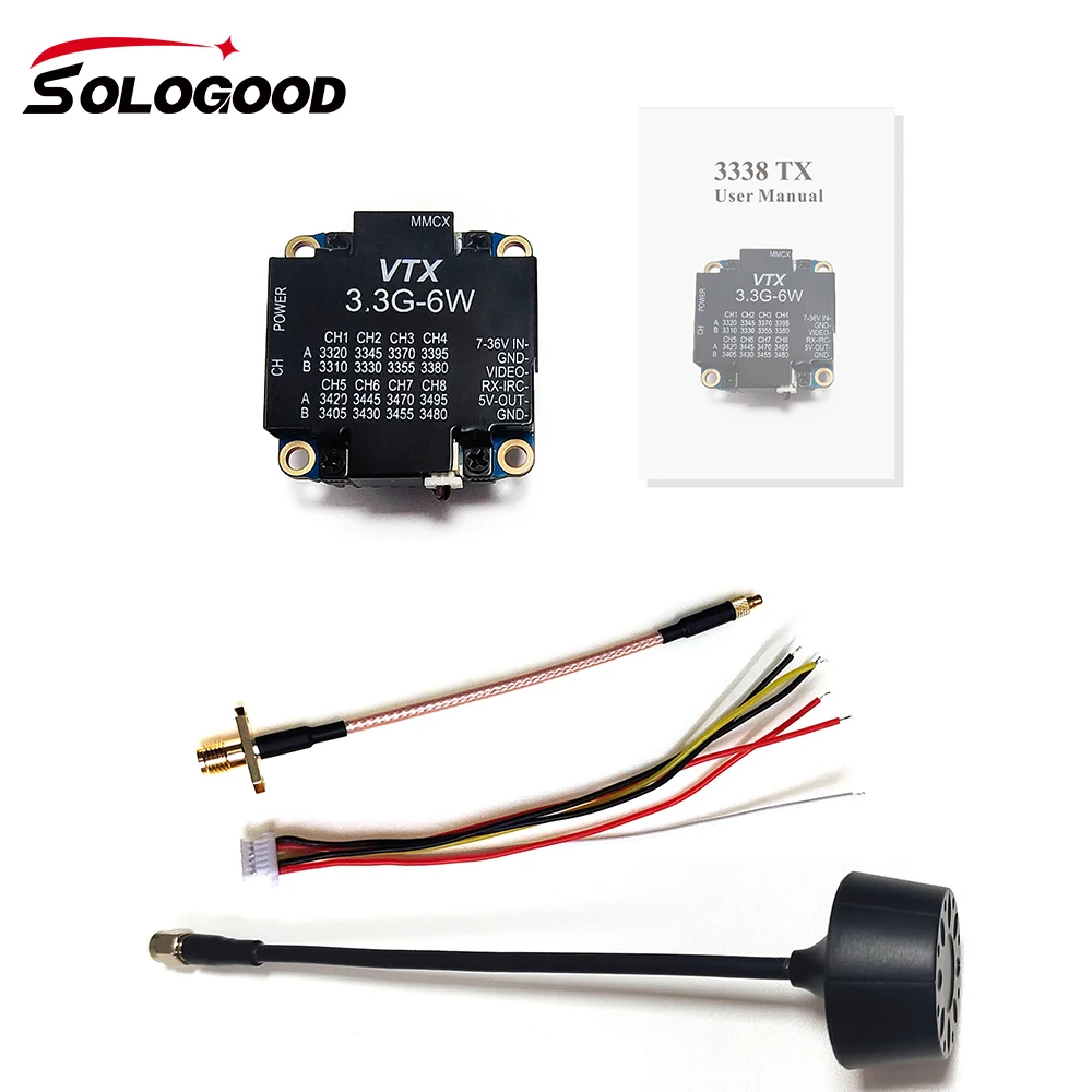 

SoloGood 3.3G 6W VTX 7-36V 25mW/1000mW/3000mW/4000mW/6000mW FPV Video Transmitter 8CH FPV Video Receiver For FPV RC Racing Drone