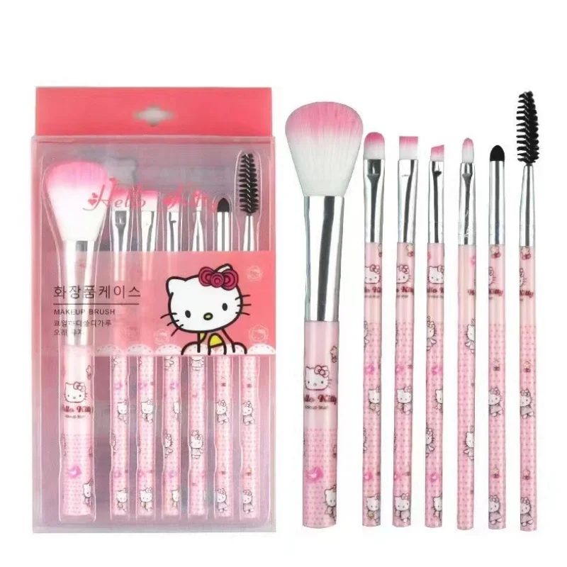 Juego de brochas de maquillaje de Hello kitty de dibujos animados creativos súper lindos, caja de plástico de corazón femenino rosa, suministros de belleza, herramientas, brus, 7 piezas