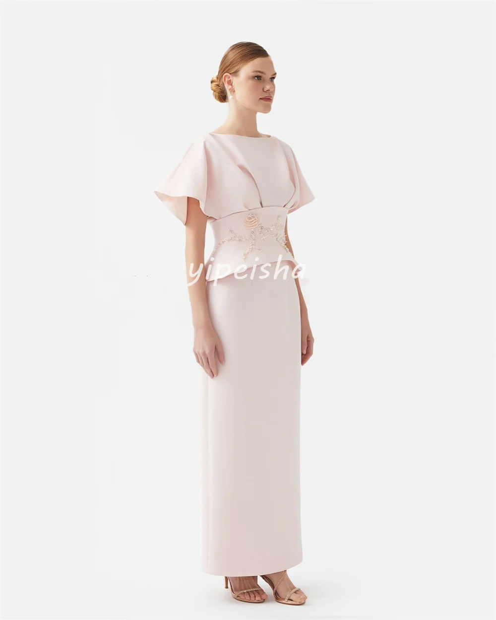 تخصيص رائعة عارضة جيرسي الديكور زهرة مطرزة مستقيم مغرفة الرقبة فساتين متوسطة الطول فساتين مناسبة مخصصة أنيقة