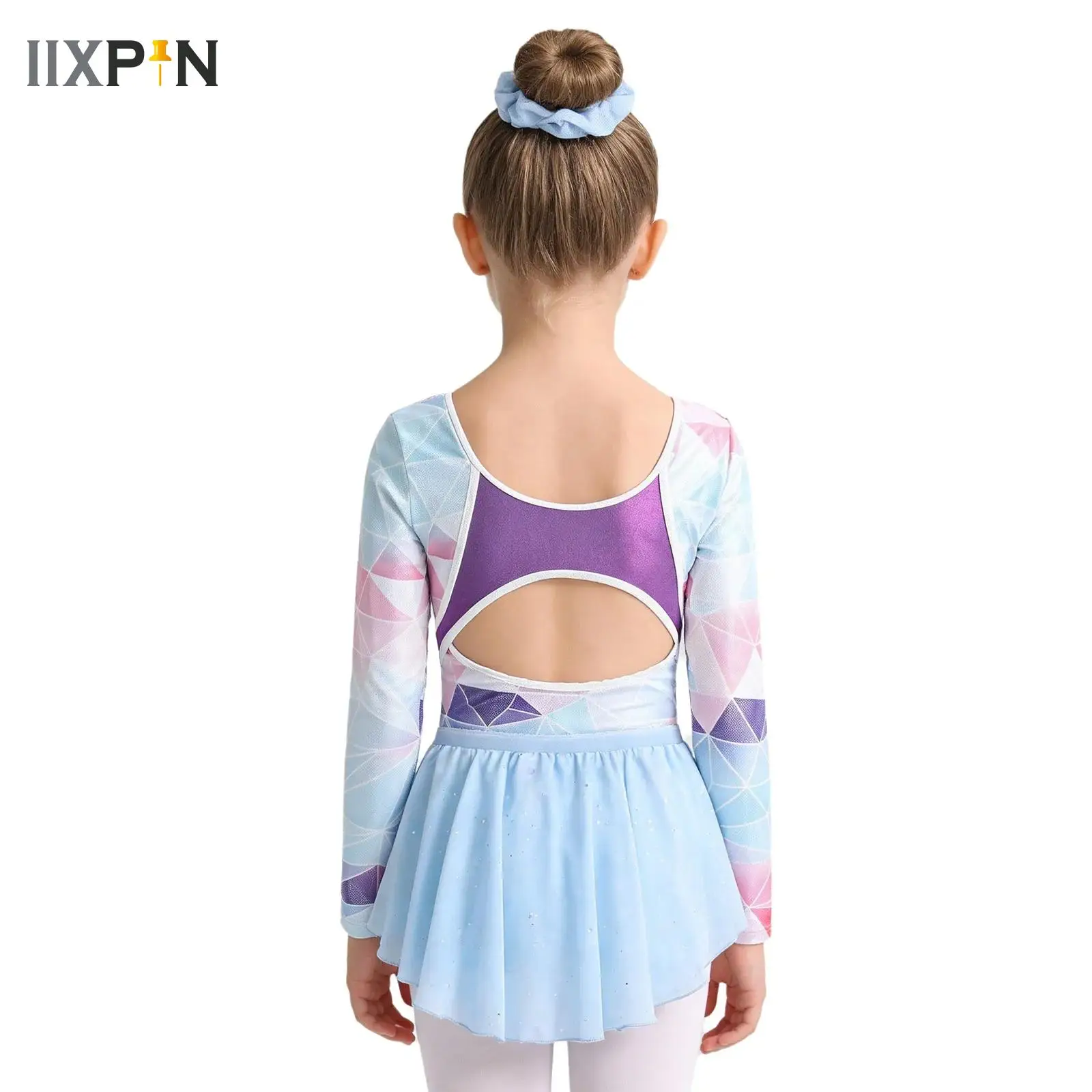 

Girls Long Sleeve Ballet Dance Dress Tutu Skirted Leotard with Skirt Printed Gymnastic Skirt Stage Practice Dress Outfits