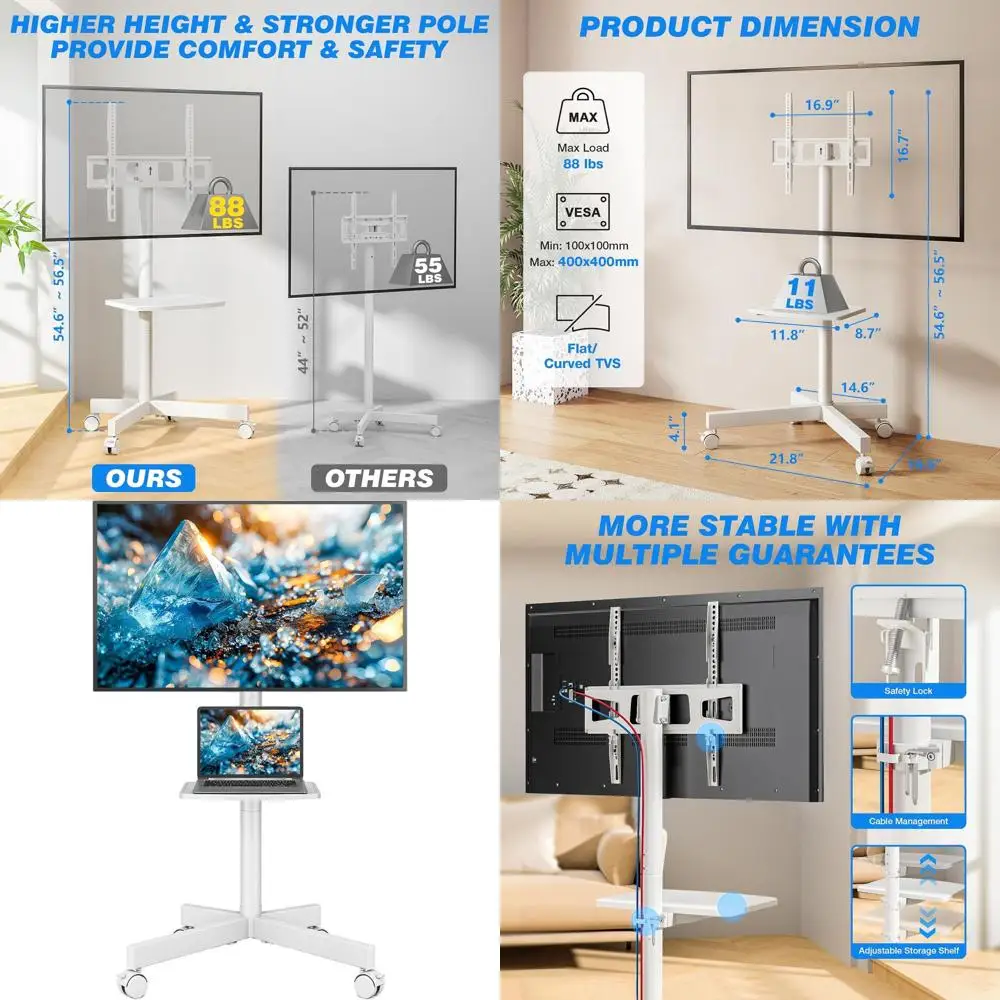 

Передвижная тележка для телевизоров 23-65 дюймов, до 40 кг, с регулируемой высотой, белая, идеально подходит для спальни или гостиной