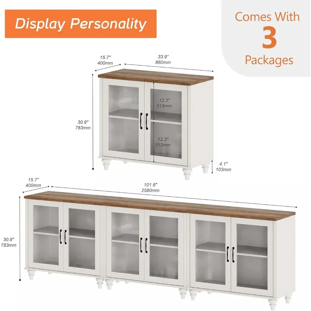 100 Inch TV Stand with LED Light, Glass Door, 3-in-1 Kitchen Buffet Cabinet for 75/80/85 Inch TVs, Wood TV Cabinet