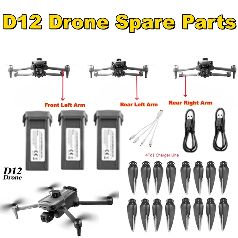 

D12 Drone Battery Spare Parts 11.4V 4500MAH Drone Arm Propeller Blade USB Charging Line 4-in-1 Line Accessories For D12 RC Dron